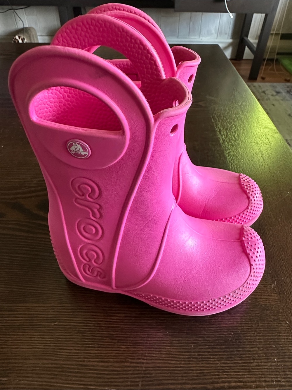 CROCS Kids Bright Pink Rain Boots with Easy Pull Handles